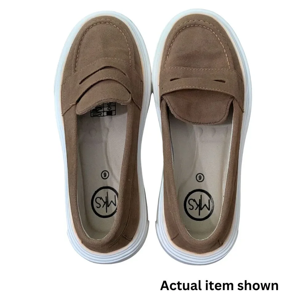 👞 MKS Suede Platform Penny Loafers Brown Slip On Shoes Size 6